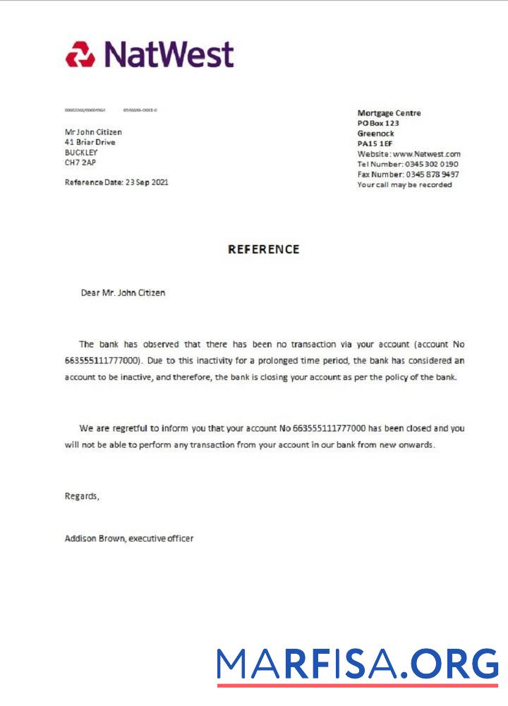 Printable United Kingdom Natwest closure reference download for verification